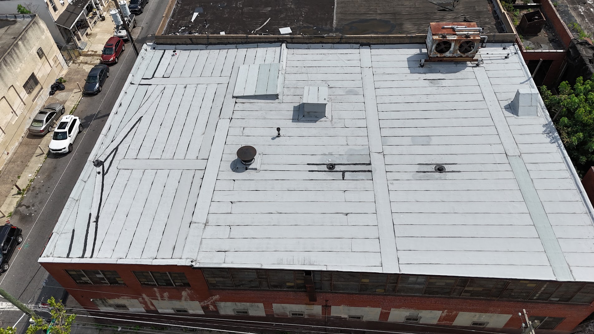 Aerial drone view of commercial flat roof