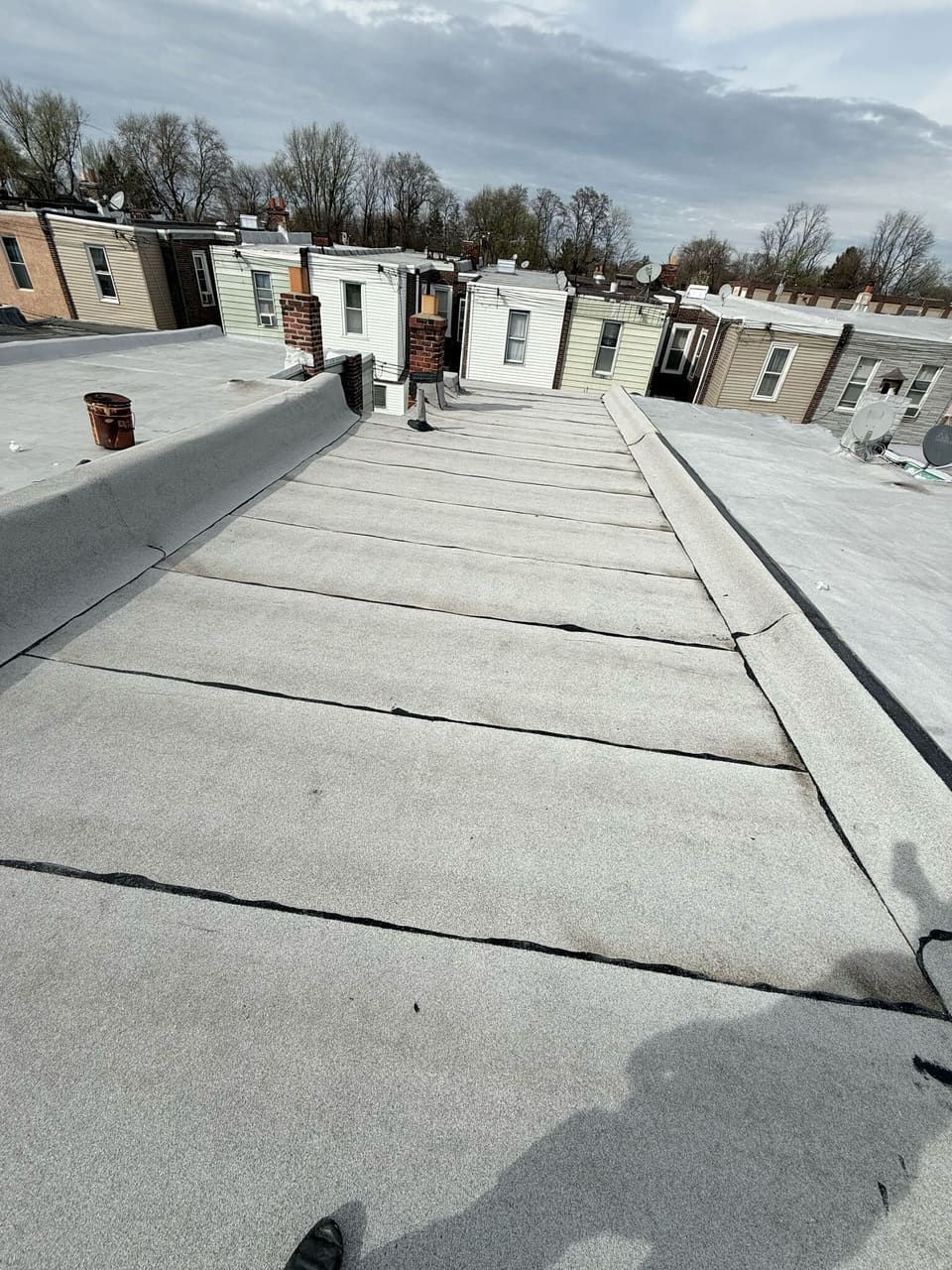 Flat roofs along a Philadelphia row