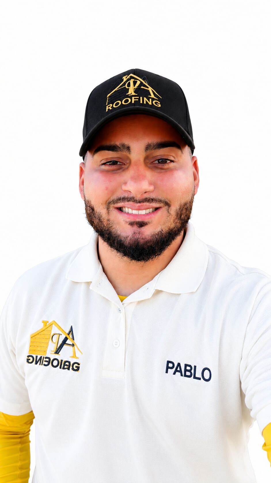 AP Roofing team member in a company cap and polo